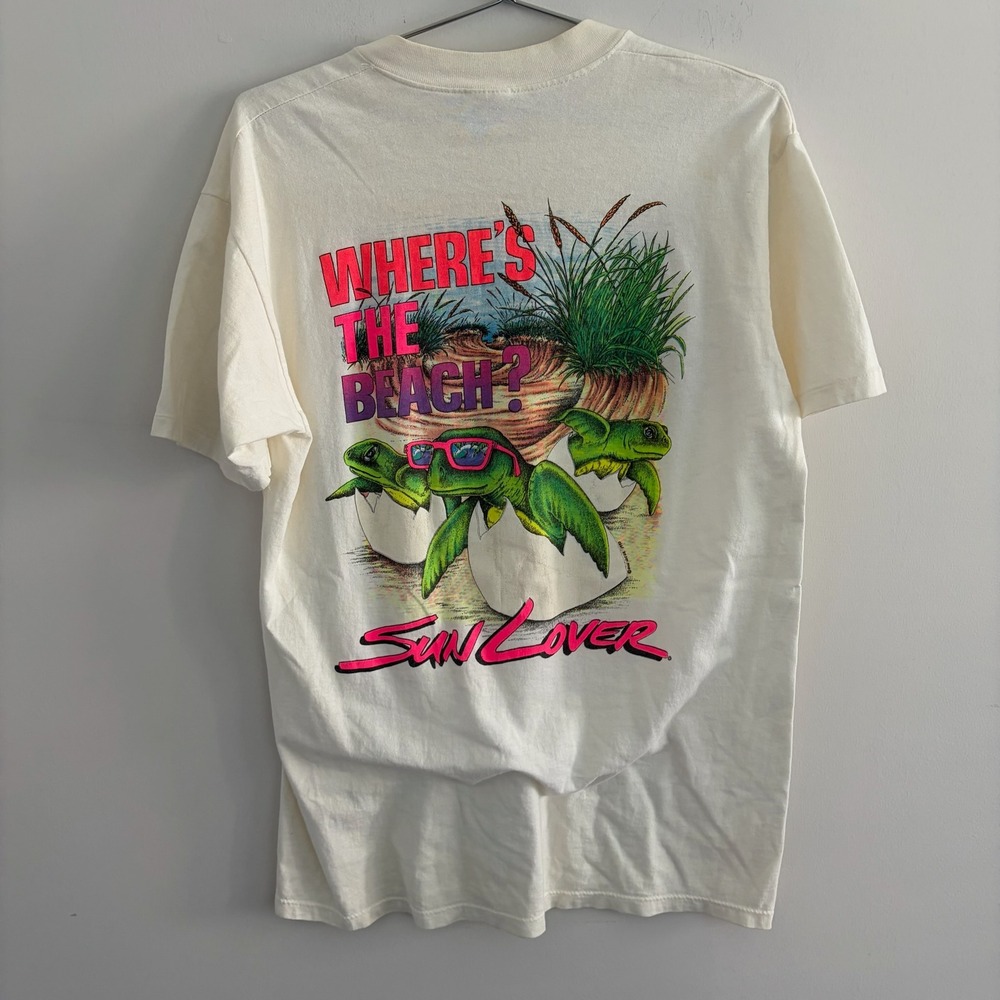 Vintage 90s Stedman Sun Lover Wheres The Beach Turtle T Shirt Large White USA